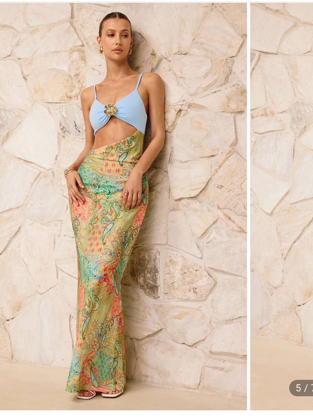 Maxi Cutout Dress with Blue Bodice and Multicolor Paisley Skirt